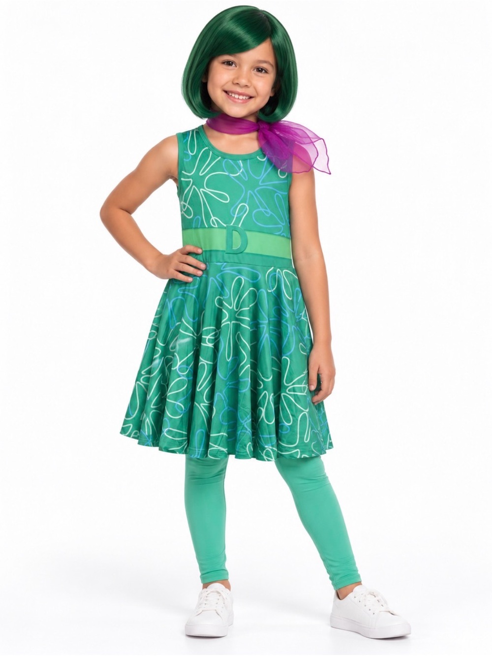 Girls' Disgust Costume Dress with Leggings, Scarf and Wig (never worn)